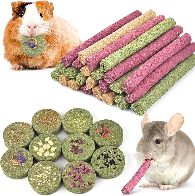 ERKOON 25 Pcs Timothy Hay Sticks and Cake,Rabbit Chew Toys for Teeth Timothy Grass Chew A Blocks Molar Sticks Rabbits Treats for Bunnies, Chinchilla Guinea Pigs, Gerbil, Hamster (25 Sticks+10 Cakes)