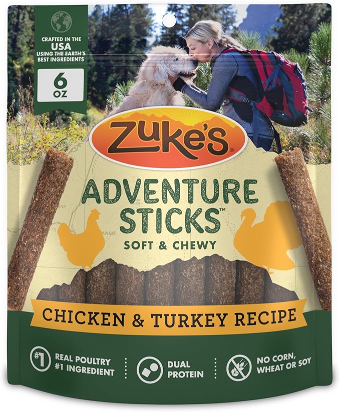 Zukes Adventure Sticks Chicken and Turkey Dog Treats, Natural Dog Treat Sticks - 6 oz. Pouch