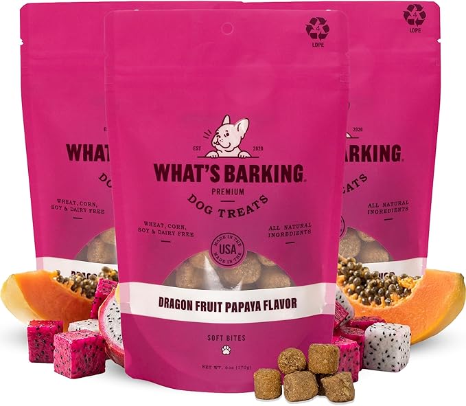 What's Barking Soft Bites, Soft Chewy Dog Treats for Training or Snacking, Pet Essentials, Bite Size Pieces for Dogs, Natural Ingredients, Made in USA, Resealable Bag (Pack of 3, Dragon Fruit Papaya)