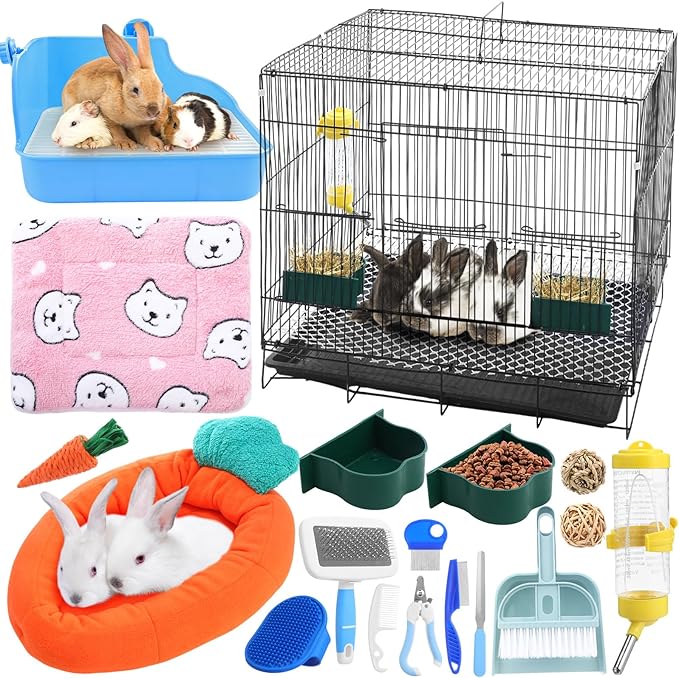 Abbylike 22 Pcs Rabbit Starter Kit with Cage, Rabbit Grooming Kit Bunny Cage Set with Bed, Litter Box, Water Bottle, Feeders, Toys, Grooming Cleaning Supplies for Indoor Rabbits Small Pets(Blue)