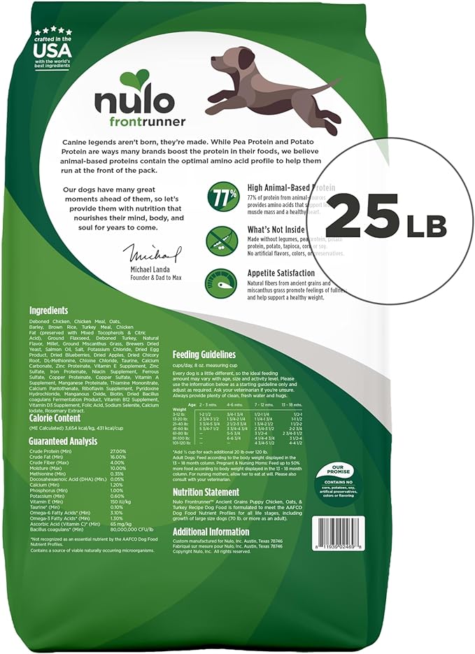 Nulo Frontrunner Puppy Food - High-Protein Chicken, Oats & Turkey Recipe Kibble, Natural Dry Dog Food with DHA, Ancient Grains, Probiotics, Taurine, Omega 3 for Small, Medium & Large Breeds, 25lb Bag
