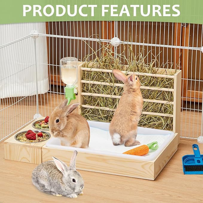 4 in 1 Rabbit Hay Feeder with Litter Box, Small Animals Hay Rack with Water Bottle, and 2 Bowls, Wooden Bunny Hay Holder Feeder Toilet Combo for Rabbit, Guinea Pig, Hamster, Hedgehog, Chinchillas