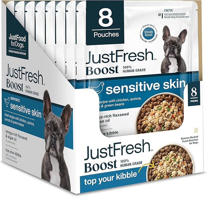 JustFoodForDogs JustFresh Boost Sensitive Skin Dog Food Toppers for Immune Support and Healthy Coat, Human-Grade Fresh Pet Meal Booster, 8 oz Pouches - 8 Pack