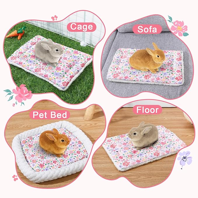 Glittme 2Pcs Bunny Bed Rabbit Bed for Indoor Cage Soft Guinea Pig Bed Fleece Mat Pad Warm Small Animal Bedding Accessories for Hamster Ferret Washable Non-Slip Rabbit Hide House Liner