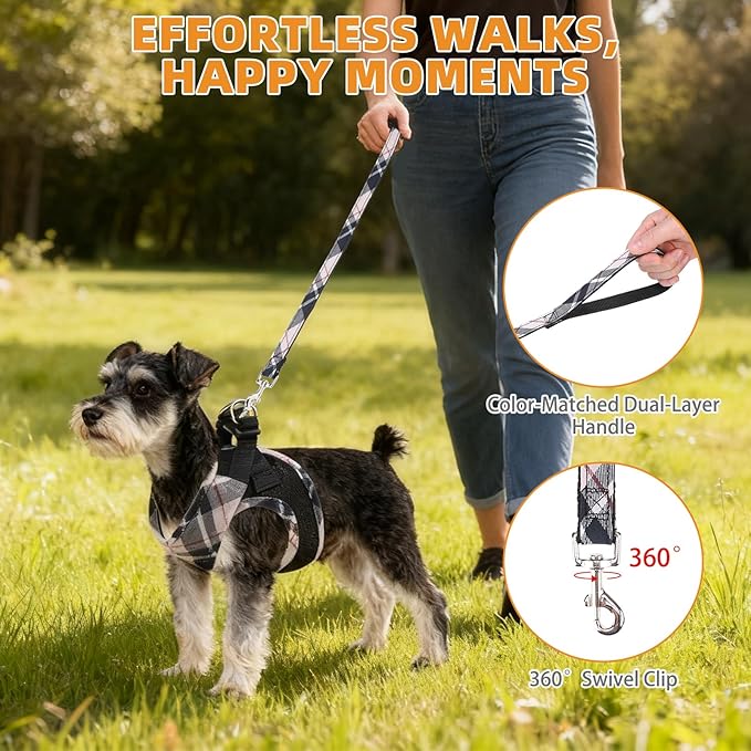 KOOLTAIL Dog Harness and Leash Set, Cute Dog Harness Medium Sized Dog, Step in No Pull Soft Mesh Pet Vest Harness Collar for Dogs Cats Boy Girl, Plaid Puppy Halters for Outdoor Walking, Beige M