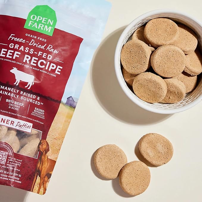 Open Farm, Freeze Dried Raw Dog Food, Patties with 95% Meat, Organs & Bone, Complete Meal or Freeze Dried Dog Food Mixer, Grass-Fed Beef Recipe, 17.5oz Bag