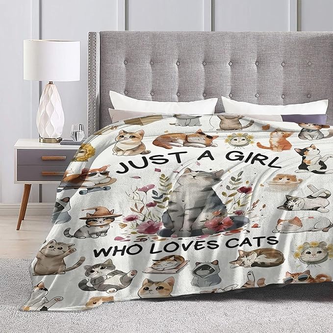SweetFox Just A Girl Who Loves Cats Blanket, Cute Cat Decor Throw Blanket Gifts for Girls Boys Lovers Super Warm Soft Plush Fleece Flannel Winter Bedding Blankets for Kids Adults Men Women 60"X50"