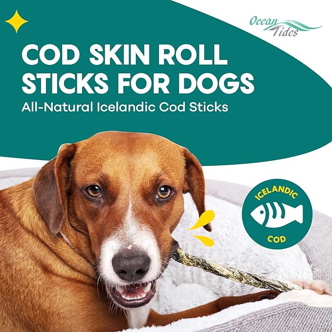 Ocean Tides Cod Skins for Dogs and Cats 12 Oz - Icelandic Atlantic Fish Skin Treats, Dried Lean Crunch Sticks Chews, Single Ingredient Healthy Treat for Dogs, Crunch Fish Sticks for Puppies and Cats