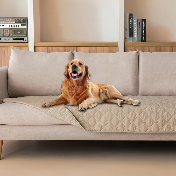 gogobunny 3X Stronger Waterproof Pet Blanket, Scratch Proof Furniture Protector for Dogs Cats, Reversible Cover 30x80 Inch, Dark Beige