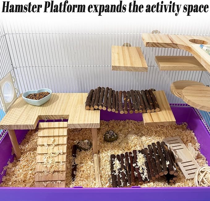 Hamster Platform with Ladder Wooden Syrian Hamsters Standing Platforms with Legs Set Wood Gerbils Climbing Bridge Toy Mouse Cage Accessories