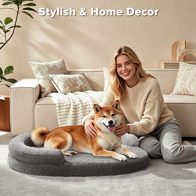 JOEJOY Orthopedic Dog Beds Large Sized Dog, Washable Waterproof Oval Large Dog Bed with Removable Cover, Big Egg-Crate Memory Foam Pet Bed with Bolster Sides & Non-Skid Bottom, Dark Grey, 36''x27''