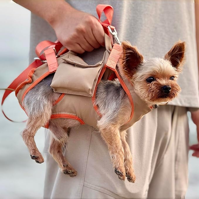 Pet Carrier Sling & Backpack, Full Body Lift Harness, Soft Lift Support and Rehab Harness for Small Dogs and Cats (Khaki, XXS)