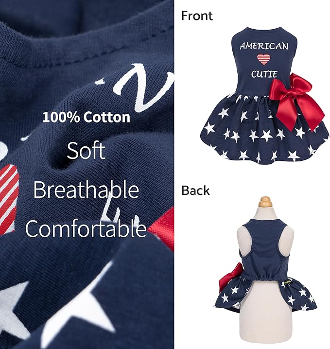 Fitwarm 100% Cotton 4th of July American Cutie Dog Clothes Memorial Day Dog Outfits Patriotic Dresses Doggie Dress Pet Cat Apparel Blue Small