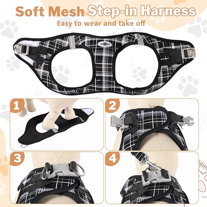 Gyuzh Cat Harness and Leash Set for Puppies - 3 Piece Step in No Pull Vest & Collar, Extra Small Kitten Harness, Breathable Reflective Plaid, Padded Leash (Black, S)