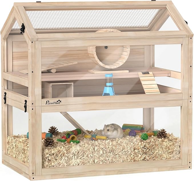 PawHut Wooden Hamster Cage, 3-Tier Small Animal Cage with Hut, Seesaw, Ramps, Exercise Wheel, Acrylic Panel and Bottom Tray, Dwarf Hamster Habitat for Small Geibil, Mice, 30" x 18" x 30"
