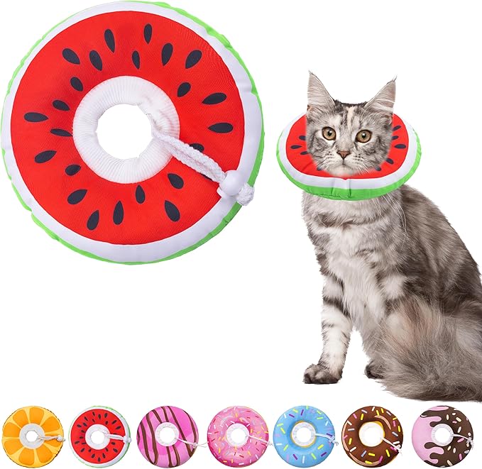 Seyezo Cat Cone Collar Soft, Adjustable Cat Recovery Collars Kitten Cones to Stop Licking, Cute Donut E Collar After Surgery, Wound Healing Elizabethan Collar for Kittens (Watermelon, Medium)