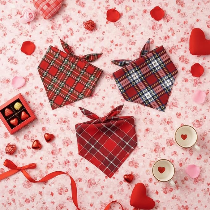 Shyyween 100 Pcs Valentine's Day Red Plaid Dog Bandanas Bulk for Dogs Soft Bibs Adjustable Triangle Bandana for Small Medium Large Pet Costume(25.6 x 17.7 x 17.7 Inch)