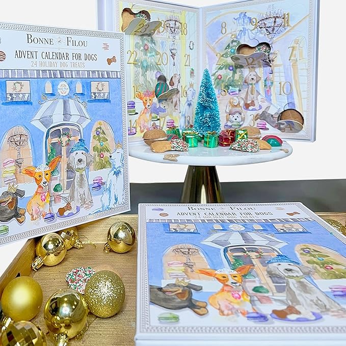 Bonne et Filou 2025 Dog Treats Advent Calendar - 24 Hand Designed Luxury Macarons, Truffles & Bone Cookies Box, Christmas Box for Dogs, Advent Treats for All Breeds (24 Count)