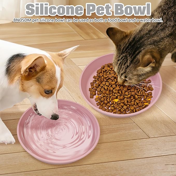 BNOSDM Silicone Cat Food Plate 2 Pack Shallow Dog Bowl Flat Puppy Feeding Dish for Small Dogs and Cats Whisker Fatigue Pet Plates for Dry and Wet Food (Light Pink)