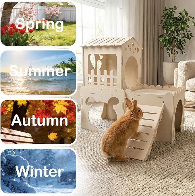 Extra Large Rabbit Castle, Wooden Bunny House &,Detachable Rabbit Hideaway, Indoor Hamster Castle with Ramp, Small Animal Houses & Habitats for Guinea Pig Chinchilla Ferret(3 House)