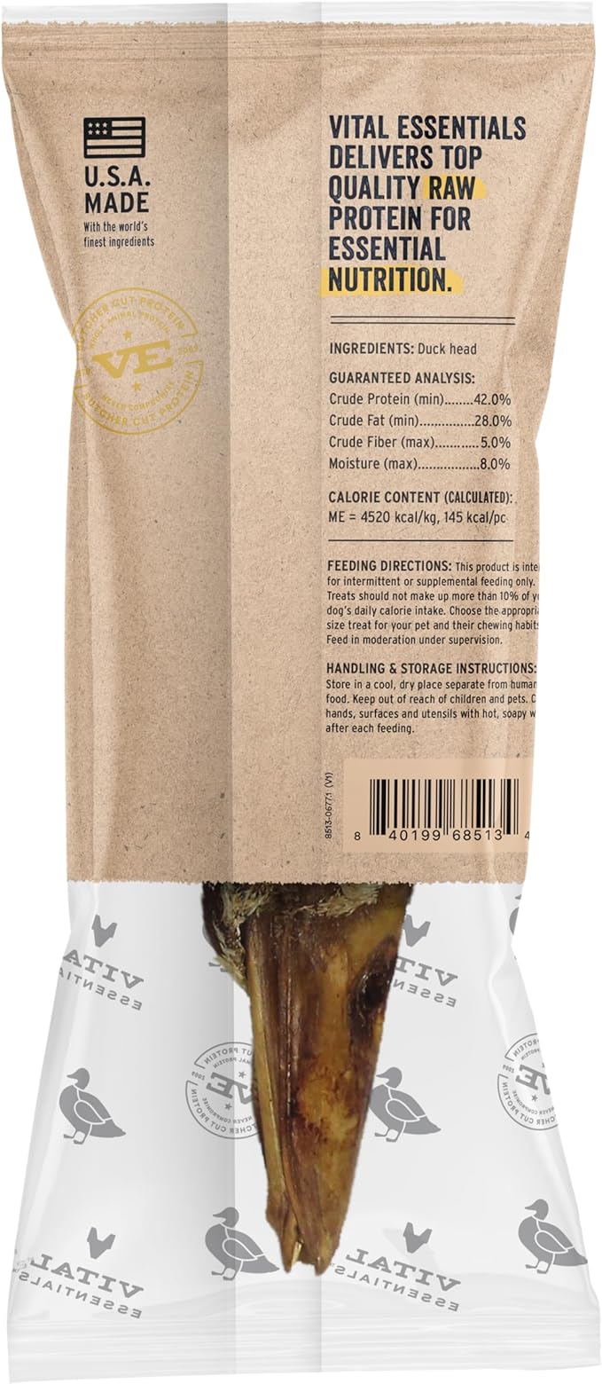 Vital Essentials Freeze-Dried Raw Duck Head Dog Treat & Long-Lasting Natural Chew, 1-Pack | Single Ingredient Dog Treat for Aggressive Chewers | Made in USA