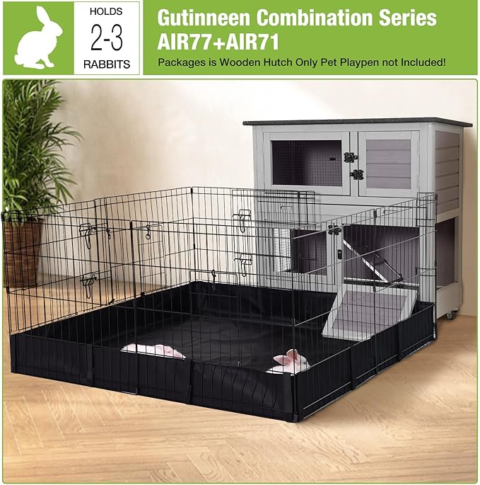 GUTINNEEN Rabbit Hutch Indoor Mobile Outdoor Bunny Cage with Openable Middle Door, Two Story Guinea Pig Cage with Wheels, 36" L x 17.7" W x 36.4" H Grey