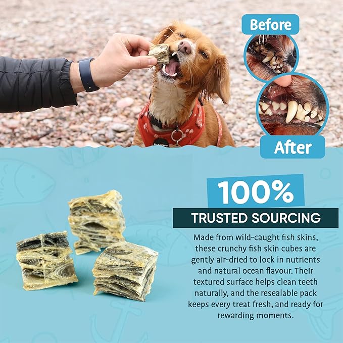 SKIPPER'S Crunchy Cod Fish Skin Cubes - All Natural & Single Ingredient Baked Cod Skin Dog Treats, Rich in Omega 3, Hypoallergenic Crunchy Bites, Gluten Free Treat Great for Cleaning Teeth | (7.05 Oz)