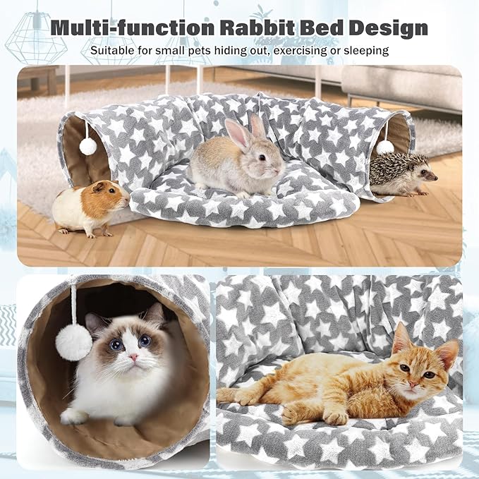 BWOGUE Bunny Tunnel Bed, 2-in-1 Collapsible Tunnel Tubes Toys with Removable Mat Hideout for Cats Kittens Rabbits Guinea Pigs Kitty (Greystar)