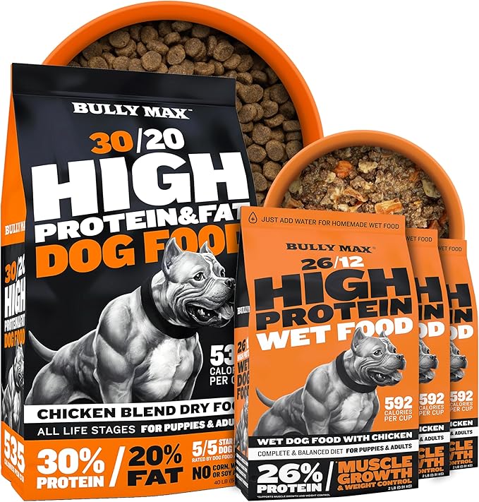 Bully Max High Protein & Fat Dry Dog Food (40 lb. Bag) + Instant Fresh Dehydrated Wet Food with Chicken (6lb Dry, Makes 16.5lb Wet Food) – Ultimate Muscle & Weight Gain Combo for Puppies & Adult Dogs