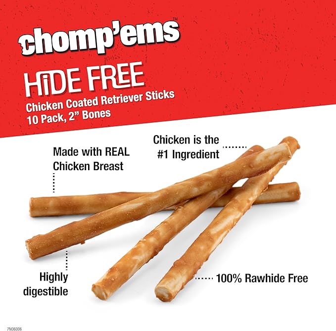 CHOMP 'EMS Chicken Hide Free Dog Chews - Rawhide Free Dog Treats - No Hide Alternative Chew Treat for All Life Stages, Stick, 5in, 10 Count