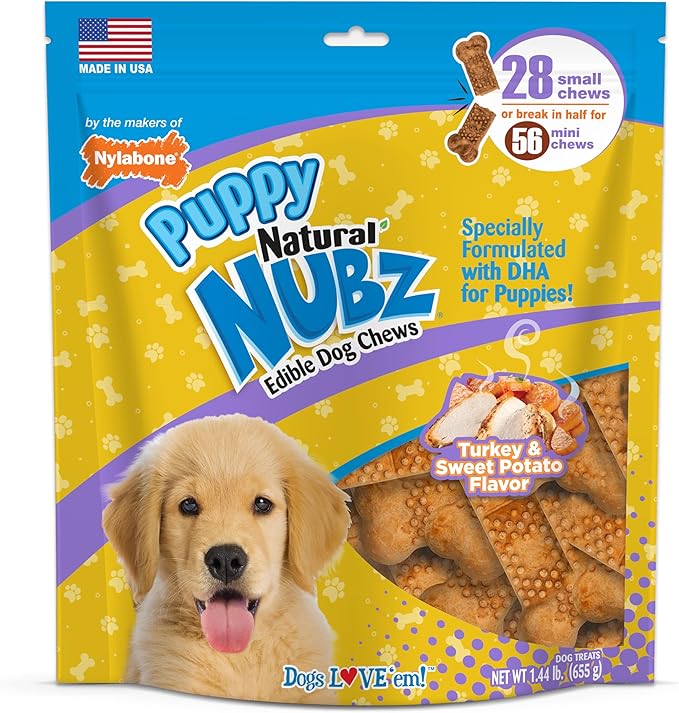 Nylabone Nubz Natural Dog Chew Treats for Puppies, Long Lasting Dog Bones Made in USA, Puppy Training Treats, Turkey & Sweet Potato Flavor, for Puppies Up to 25 lbs. (28 Count)