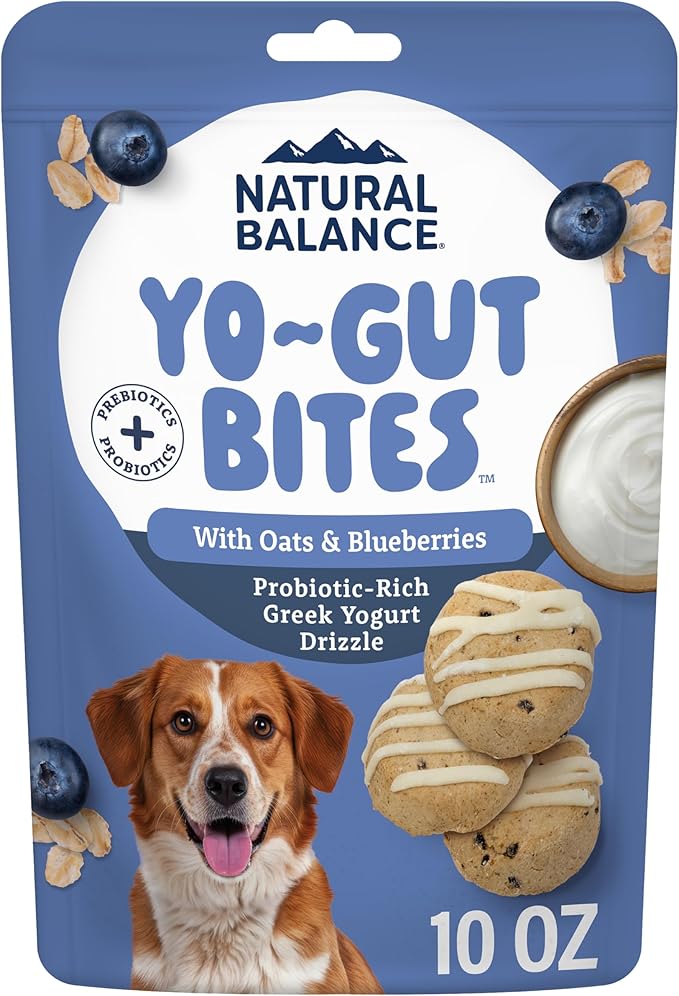 Natural Balance Yo-Gut Bites Crunchy Dog Treats with Real Oats & Blueberries, Greek Yogurt Drizzle, Probiotics for Digestive Support, 10oz Bag