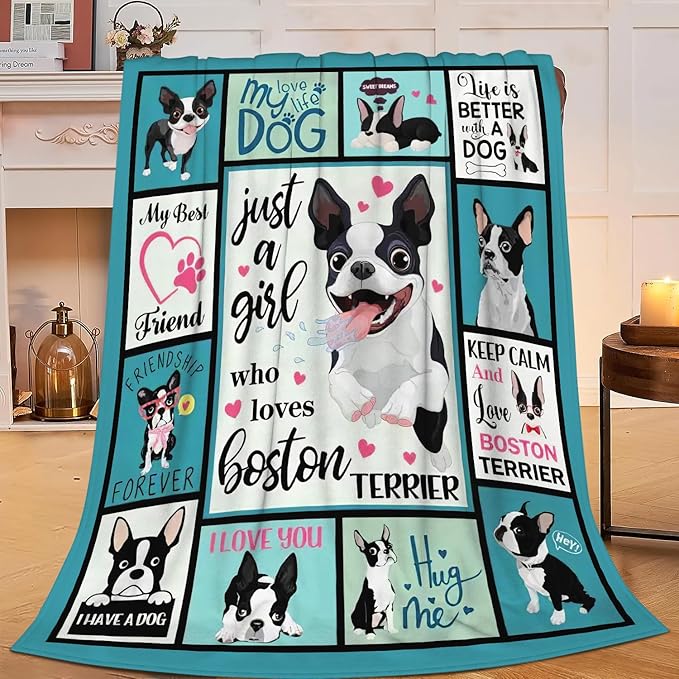 SweetFox Just A Girl Who Loves Boston Terrier Blanket, Funny Dog Decor Throw Blanket Gifts for Girls Boys Lover Super Warm Soft Plush Fleece Flannel Bedding Blankets for Kids Adults Men Women 50"X40"
