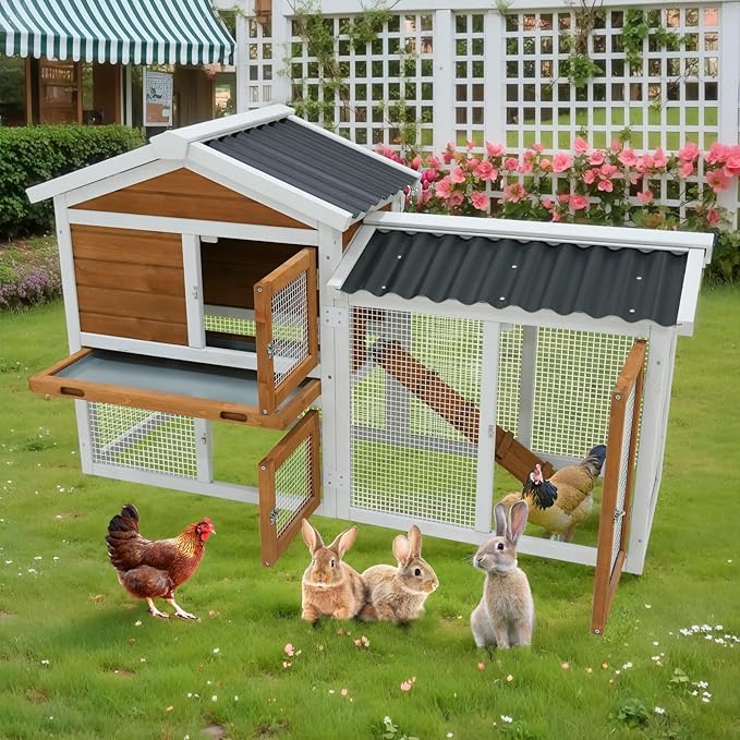 Outdoor Wooden Rabbit Hutch with Waterproof PVC Roof - Includes Staircase, Easy-Clean Tray, Secure Fence Design, Superior Ventilation, and Triple Lockable Access Doors（41314）