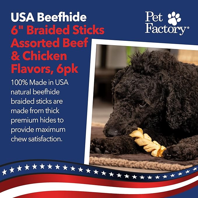 Pet Factory 100% USA Made Natural Beefhide Dog Chew Sticks - 6in Braided Dog Rawhide Bones with Beef & Chicken Flavors for Dental Health & Safe Chewing - 6 inches (Pack of 6)