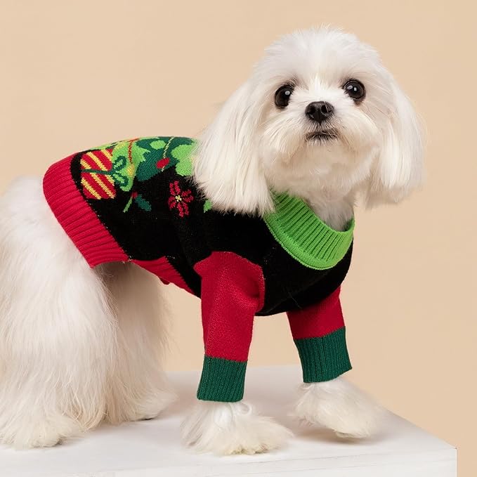 Fitwarm Christmas Tree Dog Sweater, Thermal Dog Winter Clothes for Small Dogs Boy Girl, Cozy Dog Christmas Outfit, Doggy Pullover Jumper, Holiday Pet Apparel, Black, Red, Green, Yellow, XL