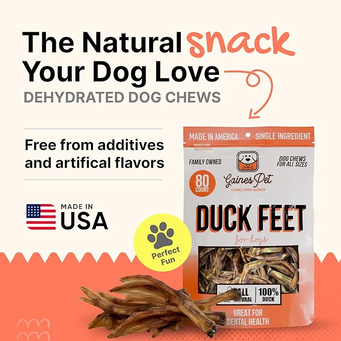 Gaines Pet Duck Feet for Dogs – 80 Count, Natural Chews with Glucosamine, Chondroitin & Collagen – Single Ingredient Dog Treats, Grain-Free, USA Made, Joint & Dental Health Support