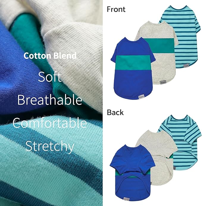Fitwarm 3 Pack Color Block Striped Dog Shirt, Summer Dog Clothes for Small Dogs, Breathable Lightweight Pet Tshirt with Sleeves, Cat Outfit, Royal Blue, Gray, Teal, XS