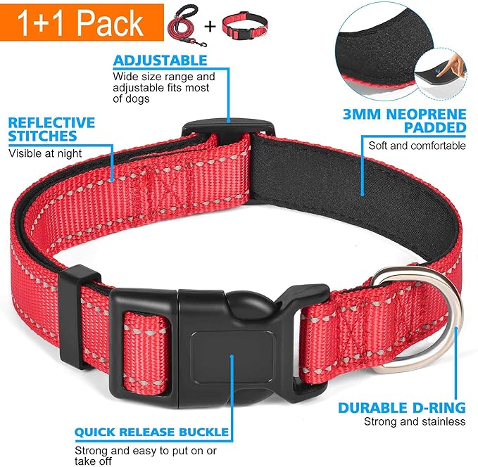 Reflective Dog Collar Padded with Soft Neoprene Breathable Adjustable Nylon Dog Collars for Small Medium Large Dogs (Medium (Pack of 1), Red Collar+Leash)