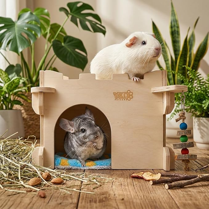 YKD Castle Chinchilla House, Small Animal Hideout for Chinchilla, Guinea Pig, Hedgehog, or Rat, Ventilated Wooden Guinea Pig Hut Habitat with Multiple Doors (Medium)