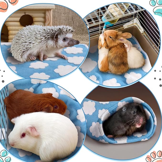 Reginary 4 Pcs Waterproof Guinea Pig Blankets Washable Small Animal Fleece Bedding Guinea Pig Cage Liners Reusable Training Pads Pet Pee Pad Sleep Mat for Hamster (White Clouds,12 x 12 Inch)