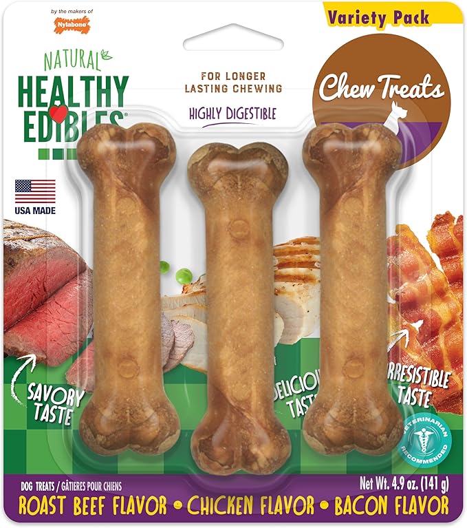 Nylabone Healthy Edibles Natural Dog Chews, Long Lasting Bones for Dogs, Roast Beef, Chicken & Bacon Flavor Dog Treats, Small (3 Count)