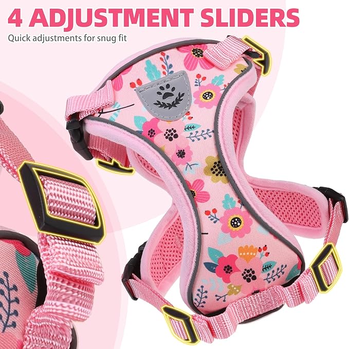 PUPTECK Cat Harness and Leash Set Escape Proof Reflective Cat Walking Harness Adjustable Soft Breathable Mesh Vest for Small Pets, Pink Flowers, S