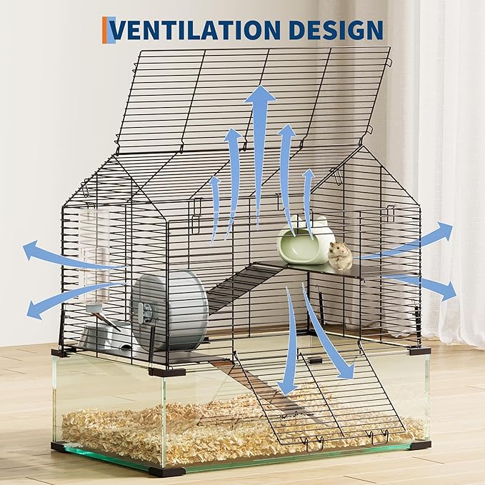 3-Tier Large Hamster Cage, 360° View Metal Guinea Pig Cage with Deep Glass Base, Platforms, Ramps, Running Wheel, Water Bottle, Tool-Free Snap-on Assembly, Rat Cage for Syrian Dwarf Hamster Gerbil