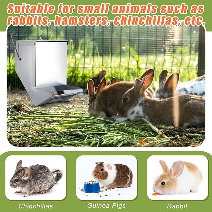 Maxcheck 2 Pcs Rabbit Feeder for Cages Small Animal Food Pellet Dispenser with Lid Metal Chicken Grit Oyster Shell Squirrel Feeders Outside(4.7 Inches,Mesh Bottom,Silver)
