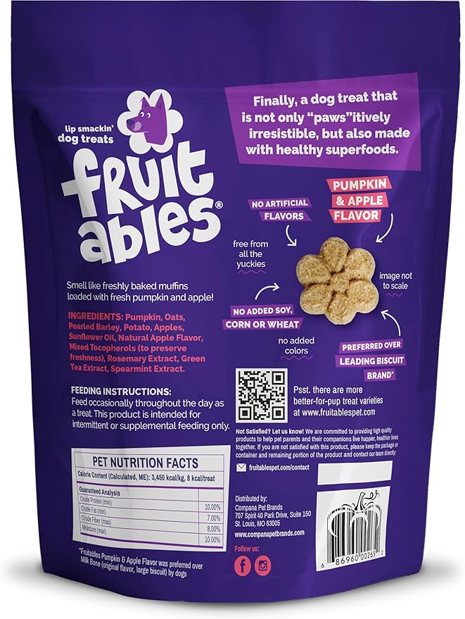 Fruitables Baked Dog Treats, Healthy Pumpkin Treat for Dogs, Low Calorie & Delicious, Pet Essential, Made with No Wheat, Corn & Soy, Made in the USA, Allergy Friendly, Pumpkin and Apple Flavor, 20 oz