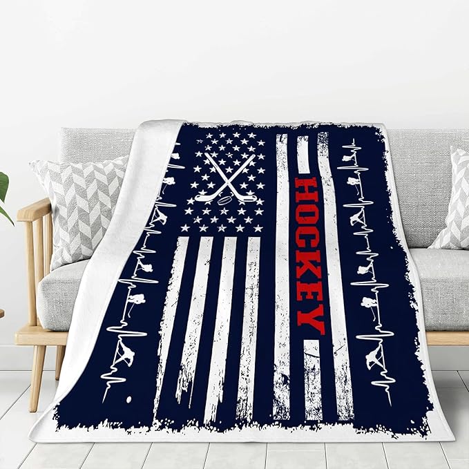 banonaty Hockey Blanket Navy Blue American Flag Throw Blanket Cozy Fleece Flannel Plush Bedding Ice Hockey Gifts for Boys Girls Men Women Youth Kids for Couch Sofa Bed Decor 50"X60"