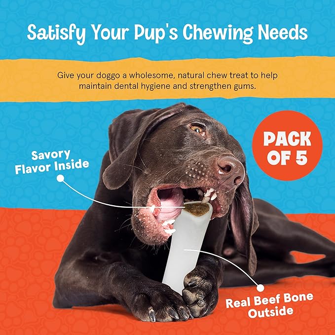 Stuffed Shin Bones for Dogs - Peanut Butter Flavor - 3-4 Inch Dental Chews - Filled Bone Treats for All Ages - Highly Digestible, High Protein - for Small, Medium and Large Pets - 5 Pack
