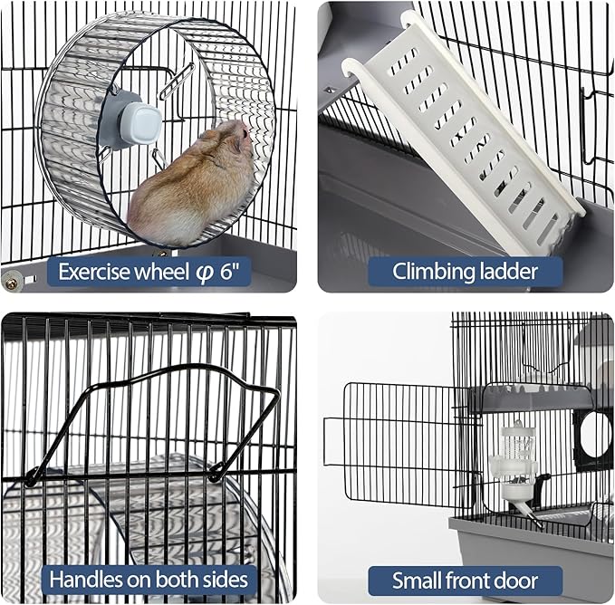 Multilevel Hamster Cage Starter Kit 22″Lx12″Wx15″H for Single Hamster Under 5″ in Body Length with Platforms, Exercise Wheel, Hide-House, Water Bottle, Bathtub, Food Bowl, Ladder, Tube Ports
