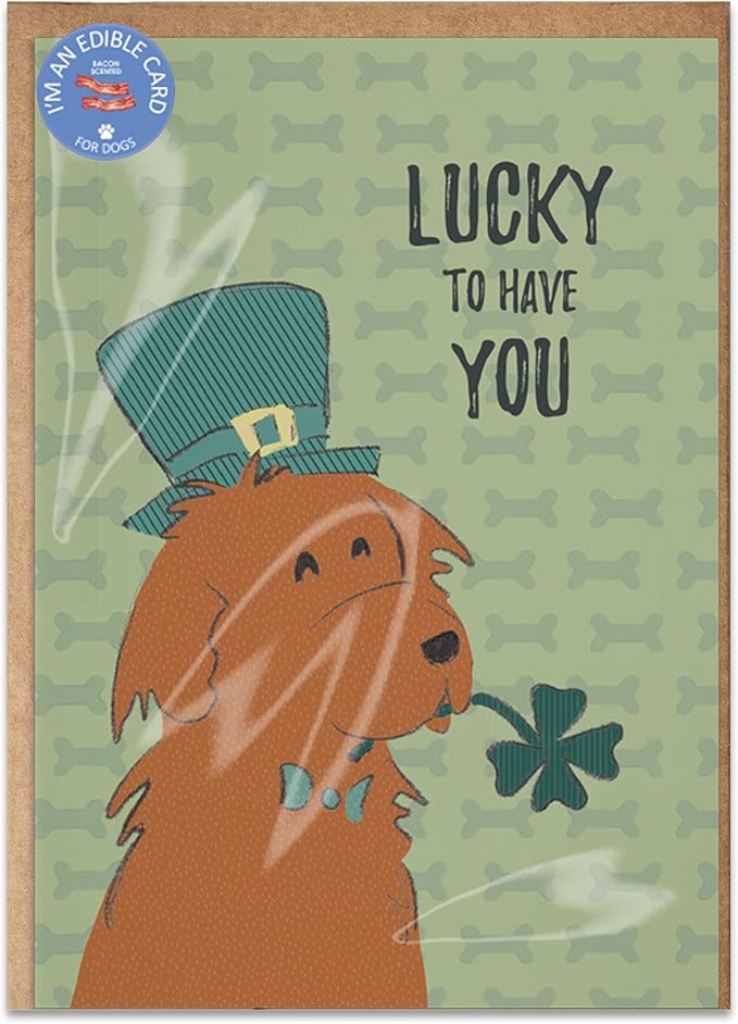 Poochie Post Holiday Edible Greeting Card for Dogs, Bacon-Flavored St. Patrick's Day Dog Treat Gift with Edible Ink Pen, "Lucky To Have You" Design, Gluten & Grain Free, Made in USA